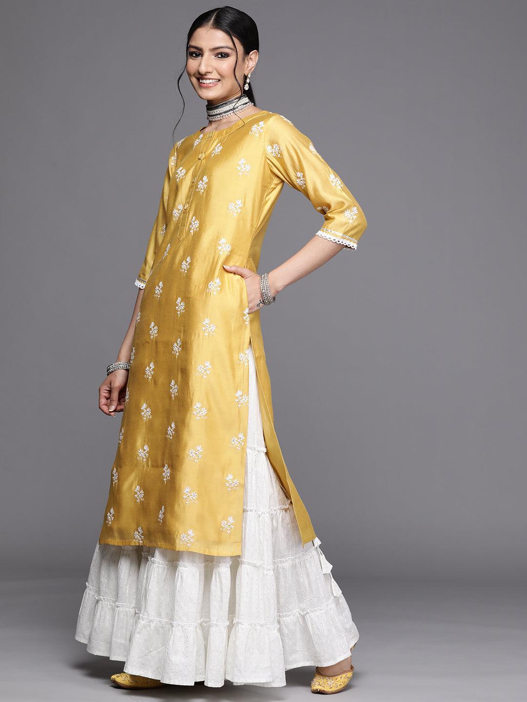 Yellow Embroidered Chanderi Silk Kurta - ShopLibas