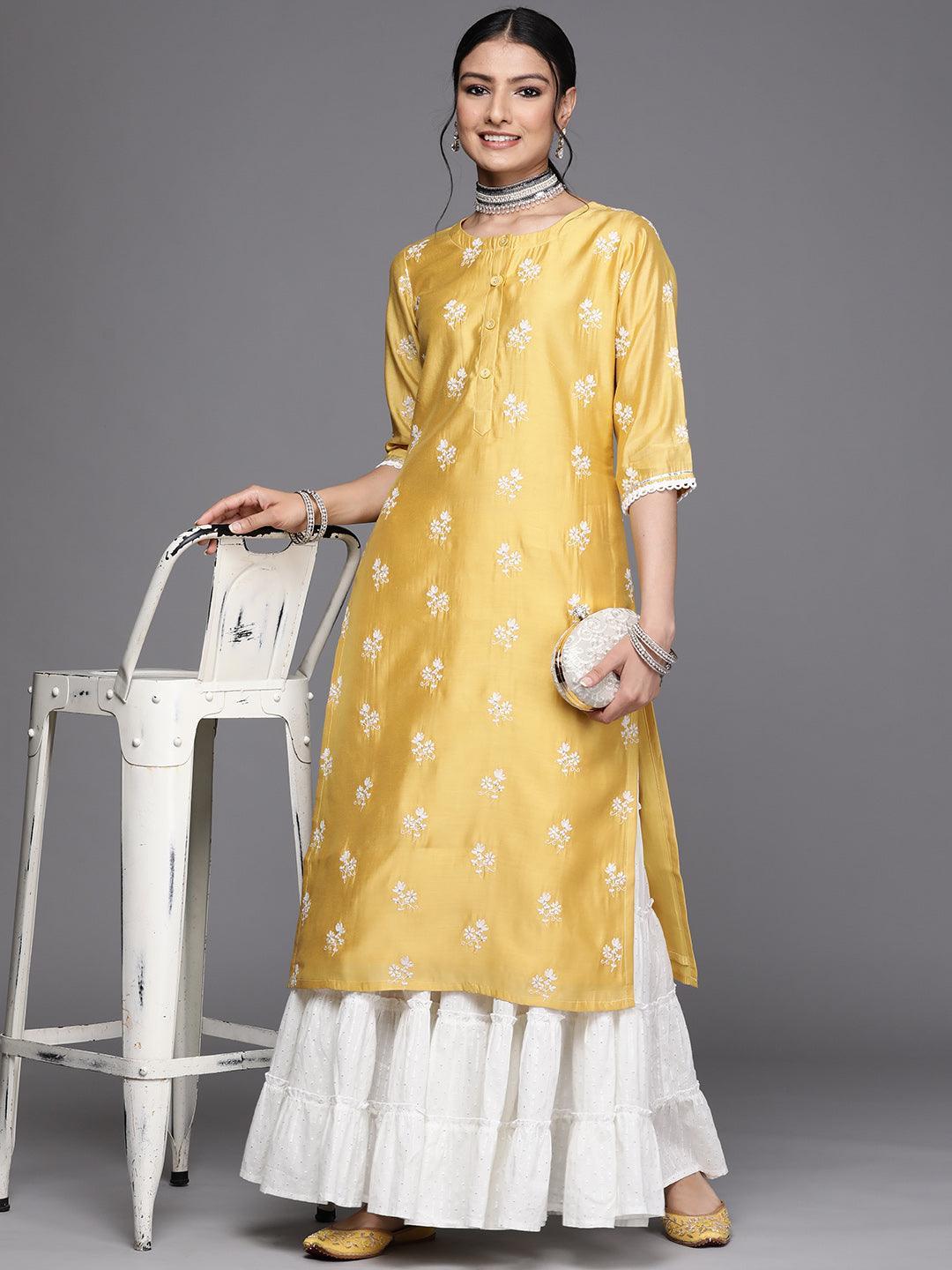 Yellow Embroidered Chanderi Silk Kurta - ShopLibas