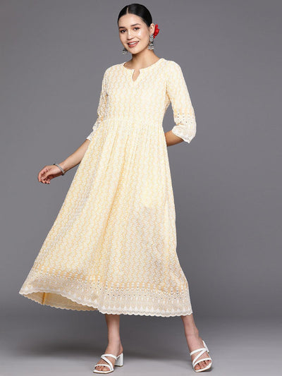 Yellow Embroidered Cotton Fit and Flare Dress - ShopLibas