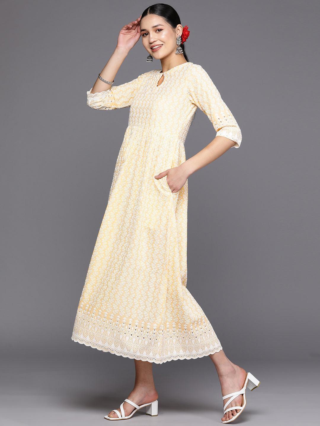 Yellow Embroidered Cotton Fit and Flare Dress - ShopLibas