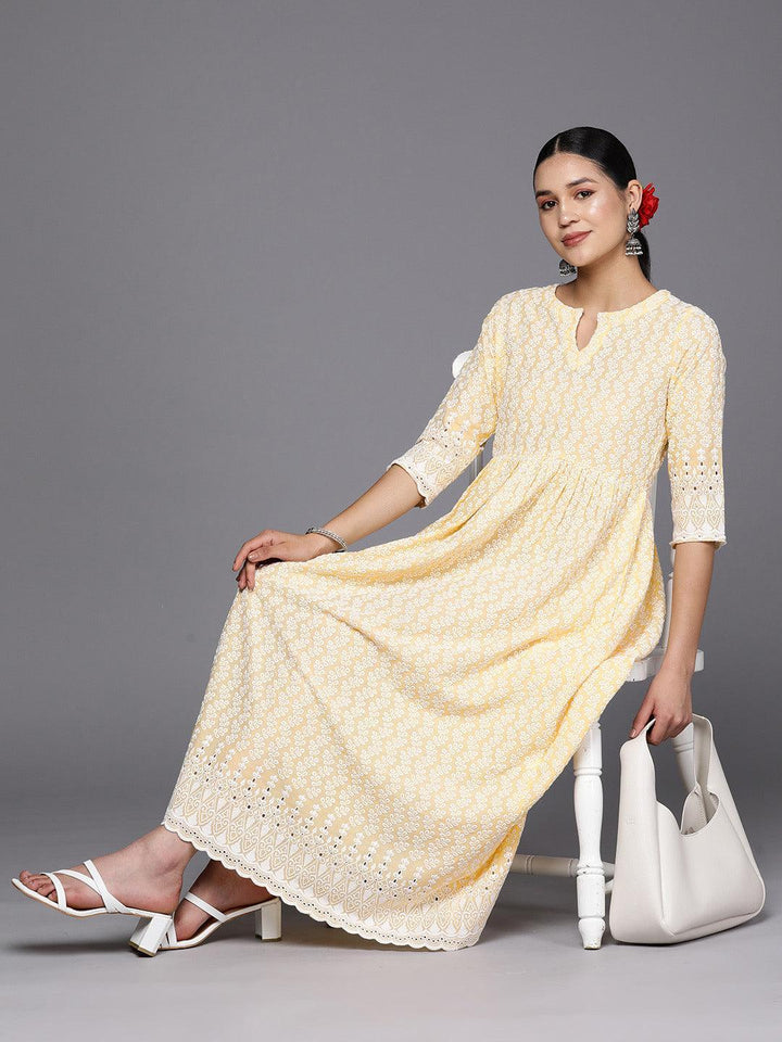Yellow Embroidered Cotton Fit and Flare Dress - ShopLibas