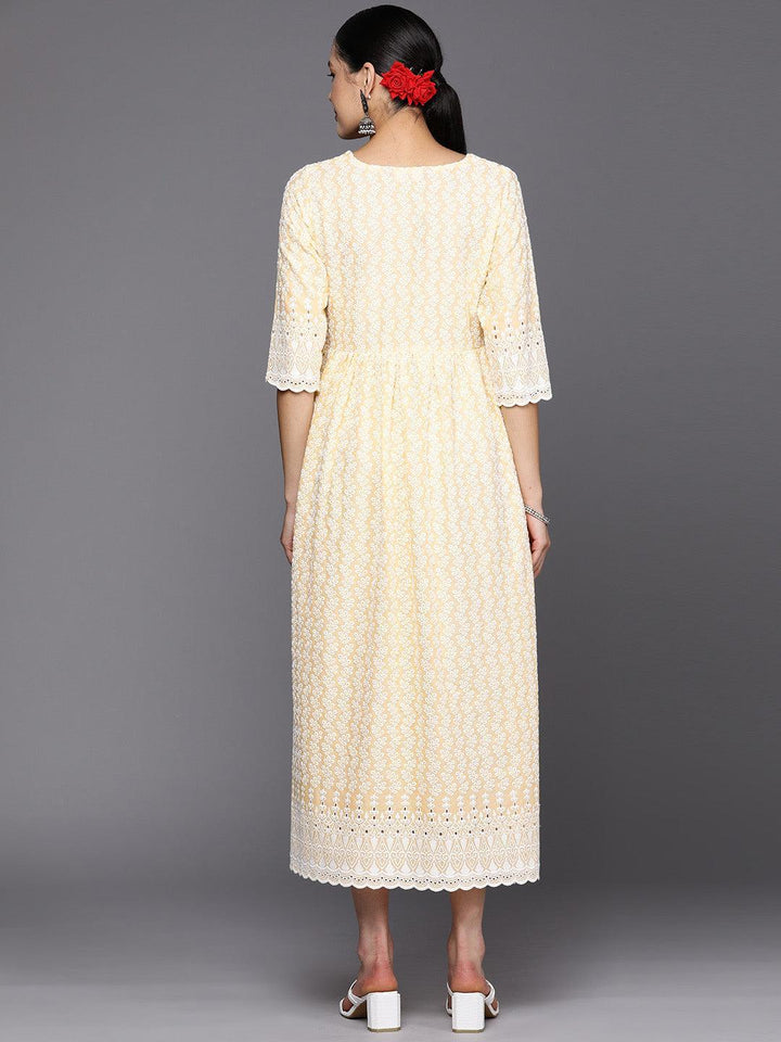 Yellow Embroidered Cotton Fit and Flare Dress - ShopLibas