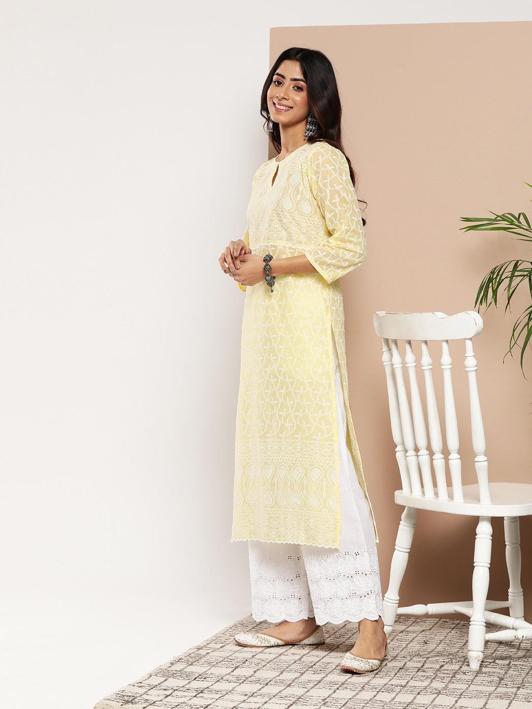 Yellow Embroidered Cotton Straight Kurta - ShopLibas 