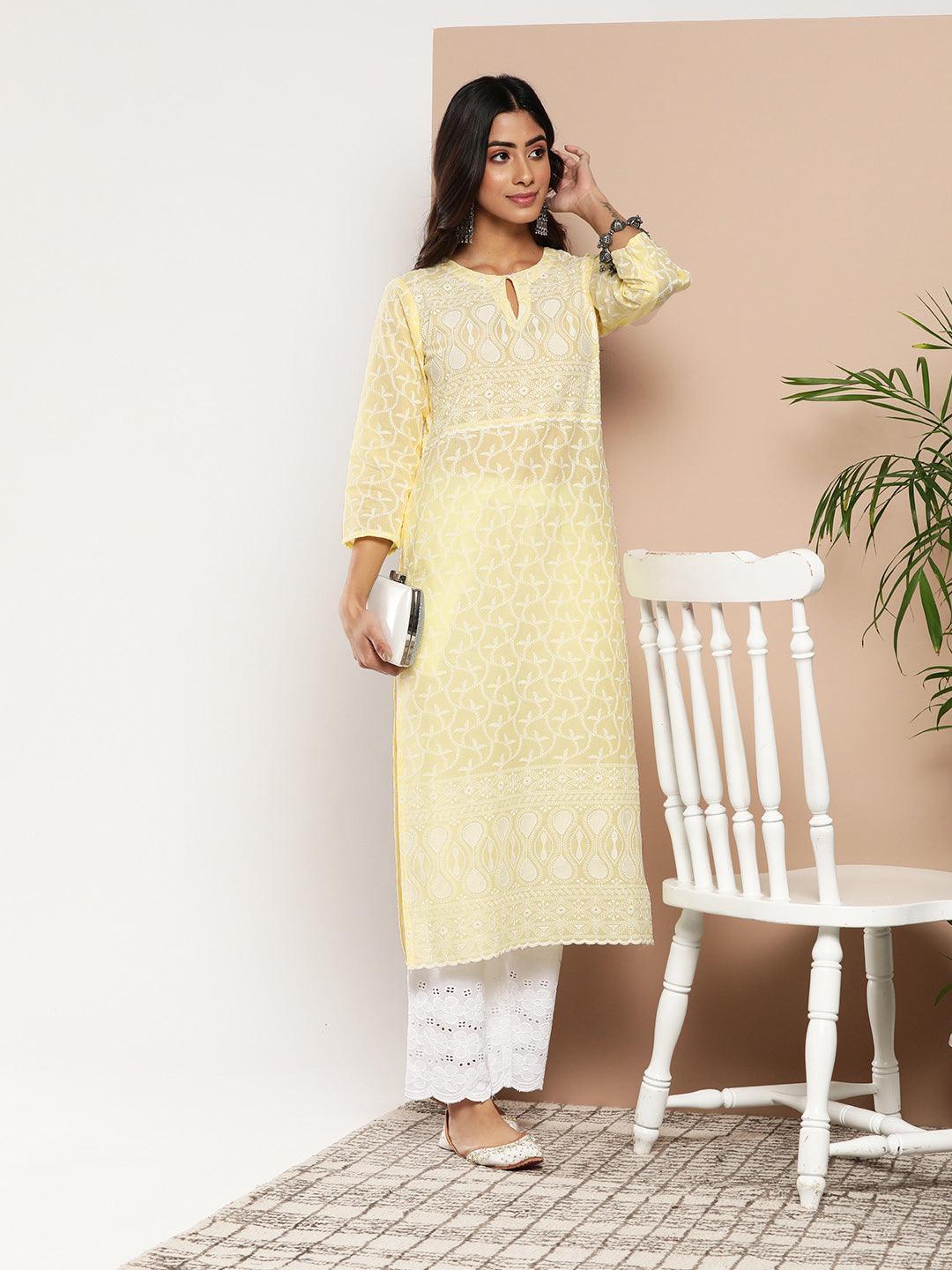 Yellow Embroidered Cotton Straight Kurta - ShopLibas 