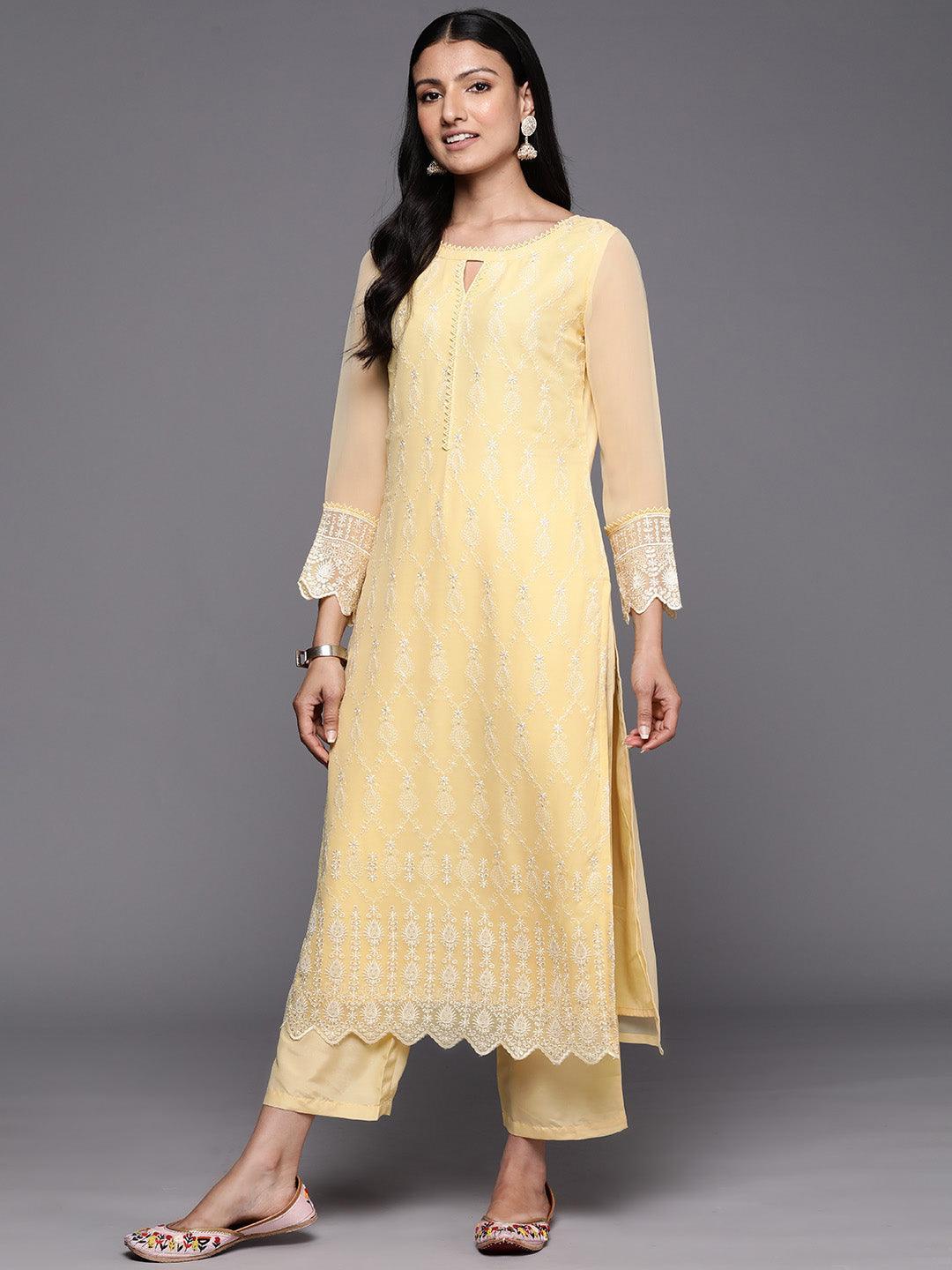 Yellow Embroidered Georgette Straight Suit Set With Trousers - ShopLibas 
