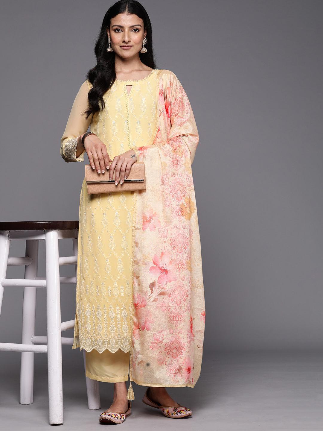 Yellow Embroidered Georgette Straight Suit Set With Trousers - ShopLibas 