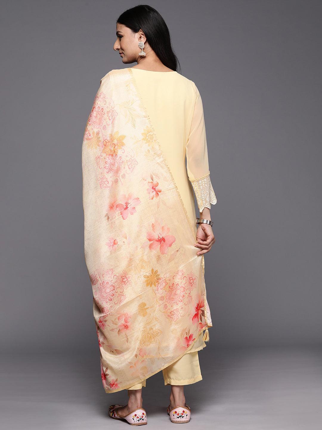 Yellow Embroidered Georgette Straight Suit Set With Trousers - ShopLibas 