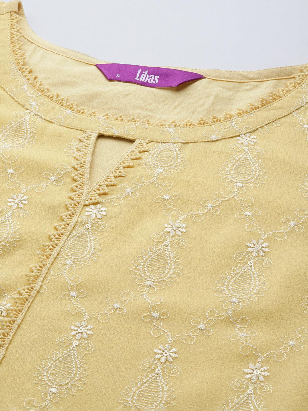 Yellow Embroidered Georgette Straight Suit Set With Trousers - ShopLibas 