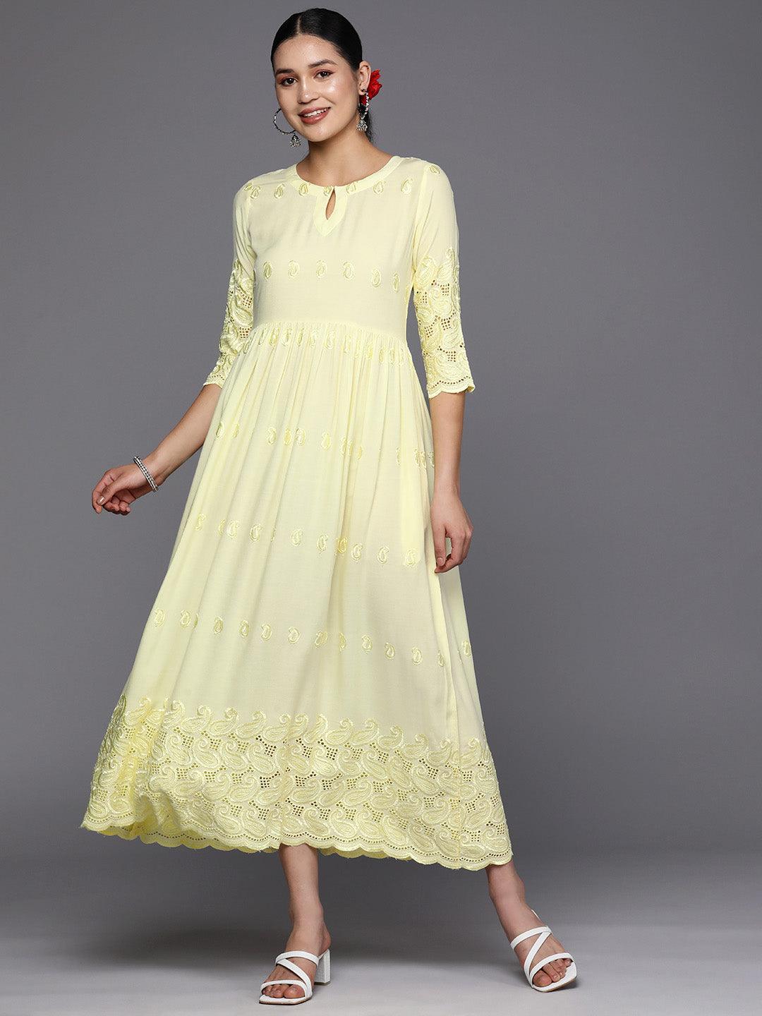 Yellow Embroidered Rayon Fit and Flare Dress - ShopLibas