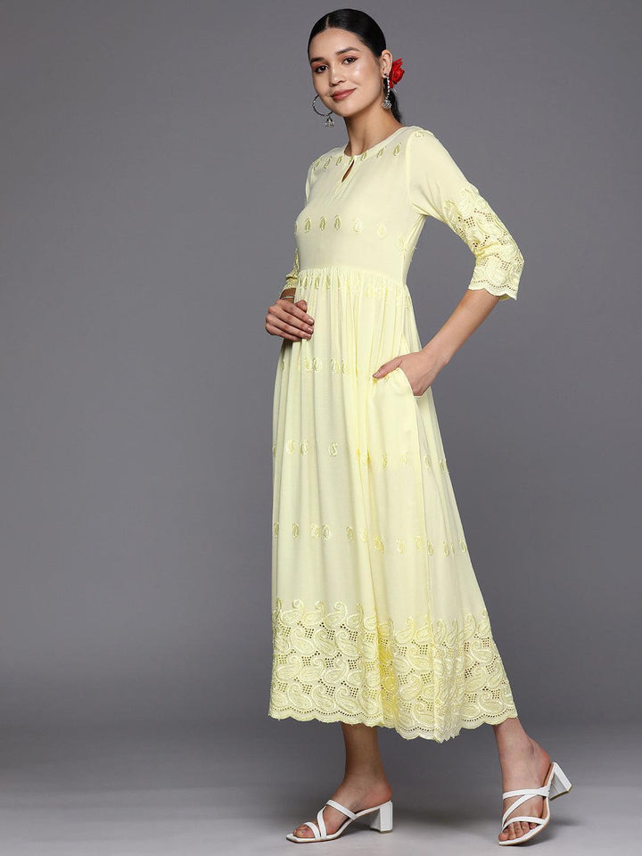 Yellow Embroidered Rayon Fit and Flare Dress - ShopLibas