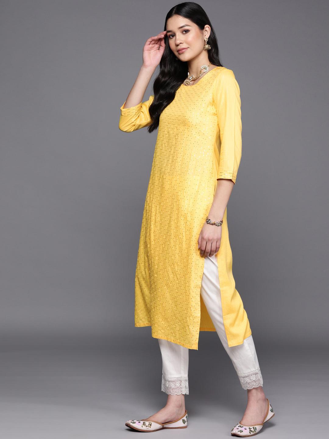 Yellow Embroidered Rayon Straight Kurta - ShopLibas 