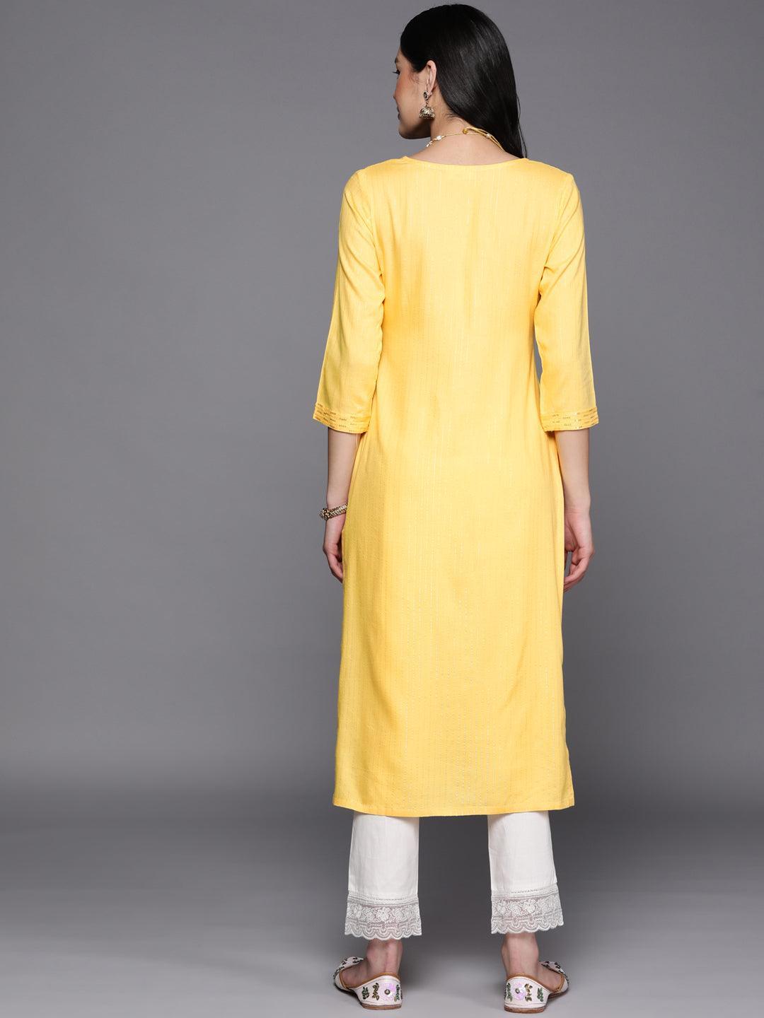 Yellow Embroidered Rayon Straight Kurta - ShopLibas 