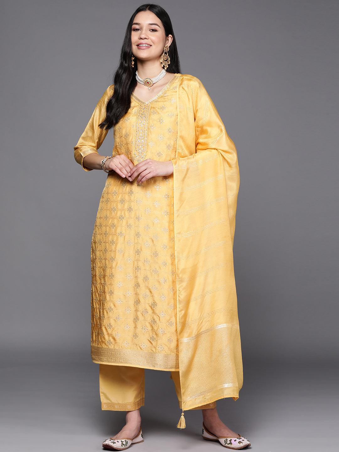 Yellow Embroidered Silk Blend Suit Set With Trousers - ShopLibas