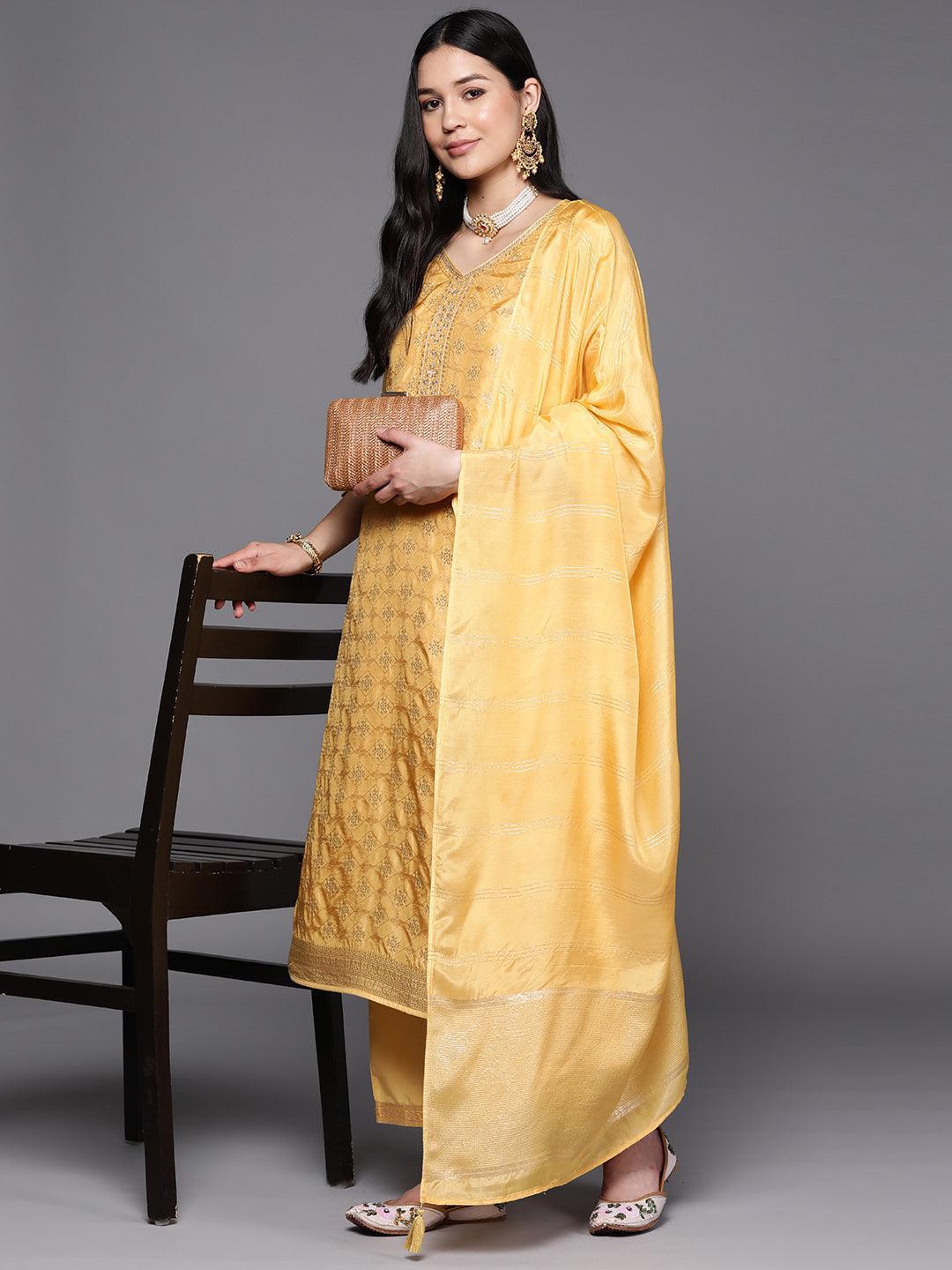 Yellow Embroidered Silk Blend Suit Set With Trousers - ShopLibas 