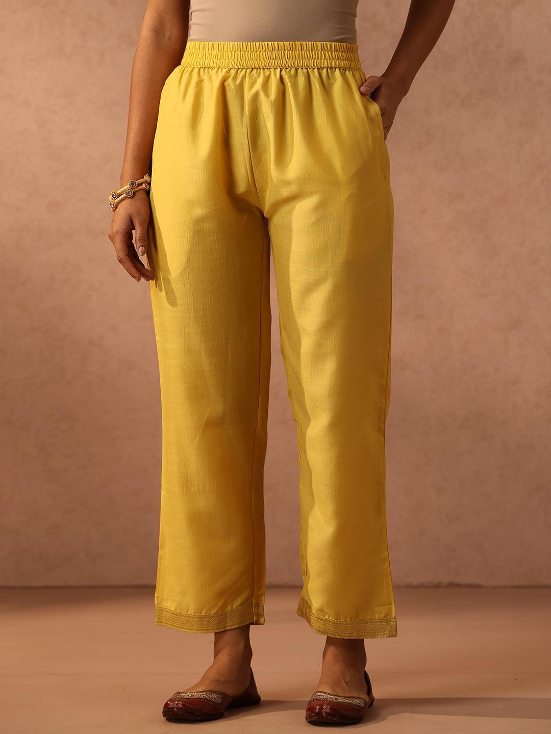 Yellow Embroidered Silk Blend Suit Set With Trousers - ShopLibas 