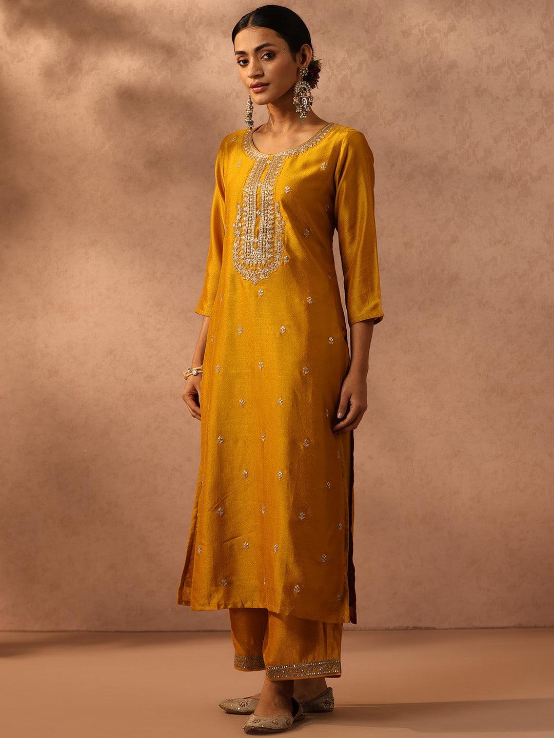 Yellow Embroidered Silk Straight Kurta - ShopLibas 