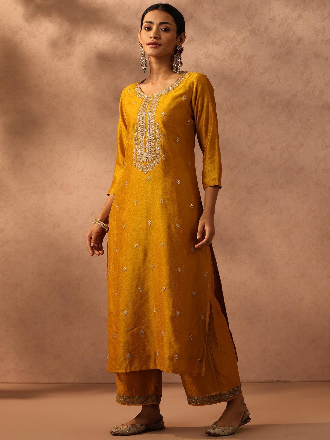 Yellow Embroidered Silk Straight Kurta - ShopLibas 