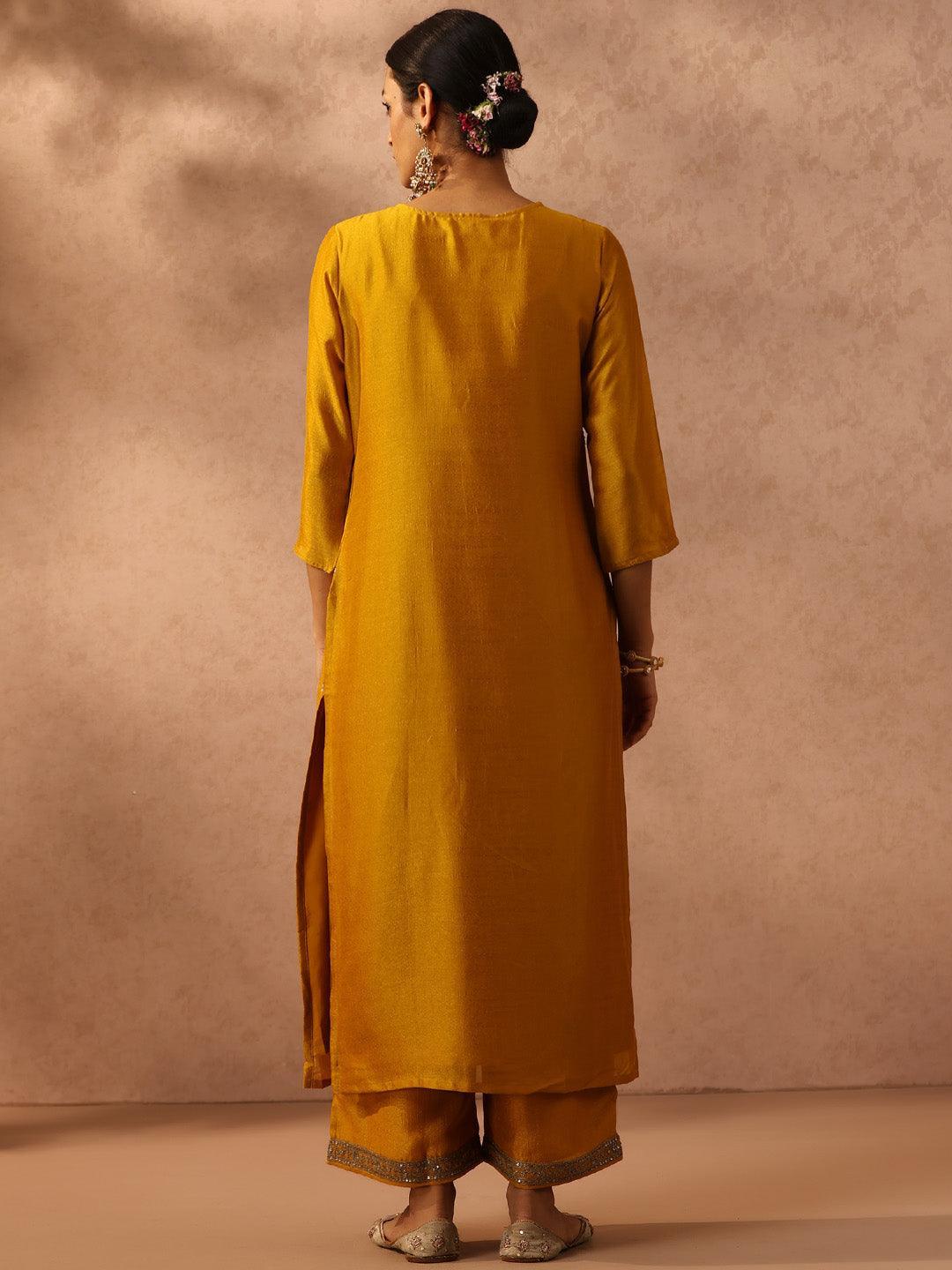 Yellow Embroidered Silk Straight Kurta - ShopLibas 