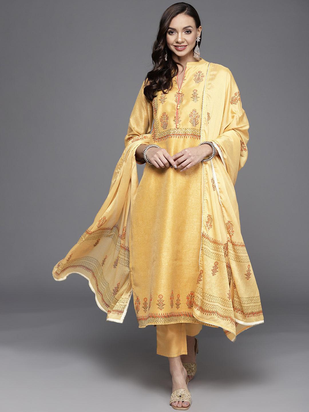Yellow Printed Chanderi Silk Suit Set - ShopLibas