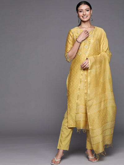Yellow Printed Chanderi Silk Straight Suit Set - ShopLibas