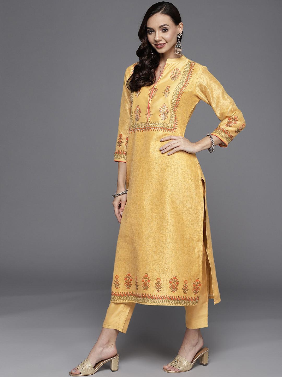Yellow Printed Chanderi Silk Suit Set - ShopLibas 
