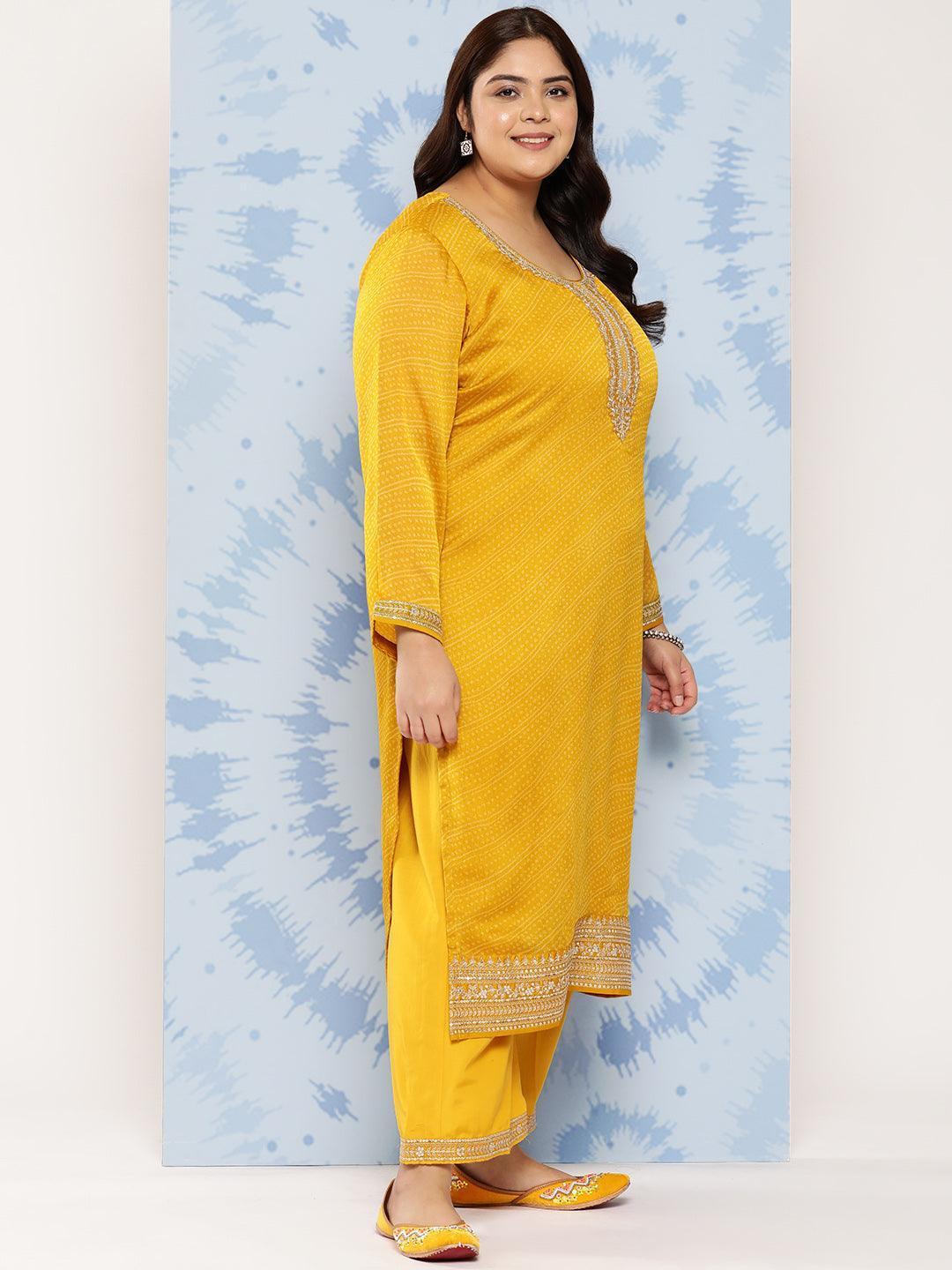 Yellow Printed Chiffon Straight Kurta With Trousers and Dupatta - Libas 