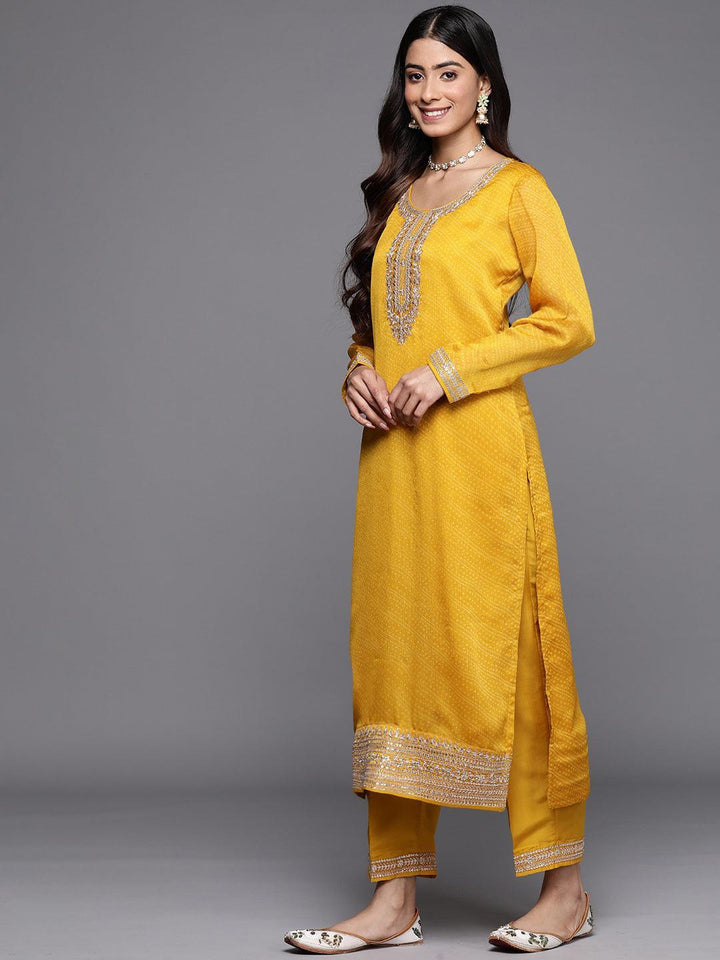 Yellow Printed Chiffon Straight Suit Set With Trousers