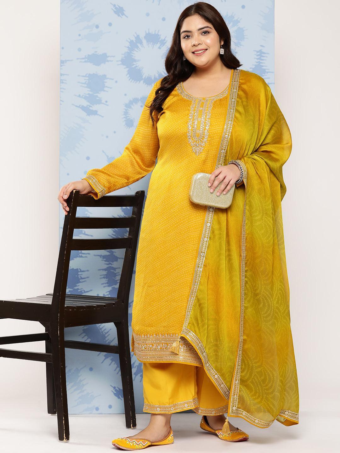 Yellow Printed Chiffon Straight Kurta With Trousers and Dupatta - Libas 