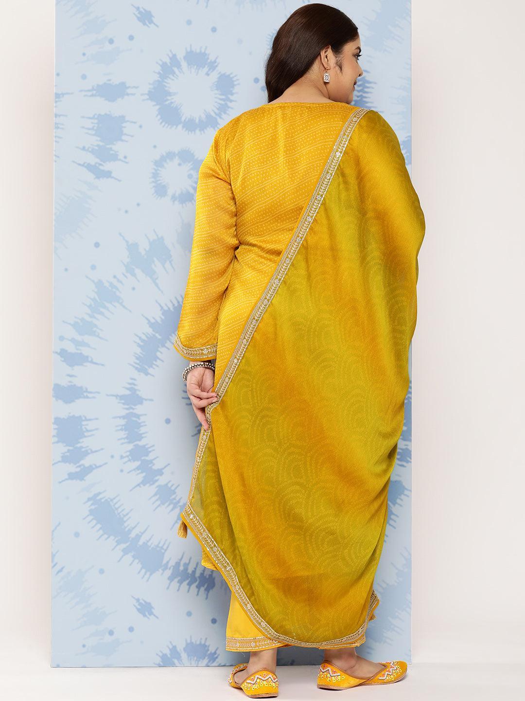 Yellow Printed Chiffon Straight Kurta With Trousers and Dupatta - Libas 