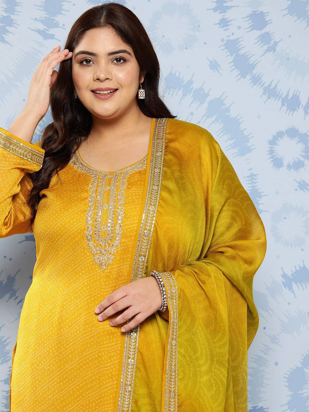 Yellow Printed Chiffon Straight Kurta With Trousers and Dupatta - Libas 