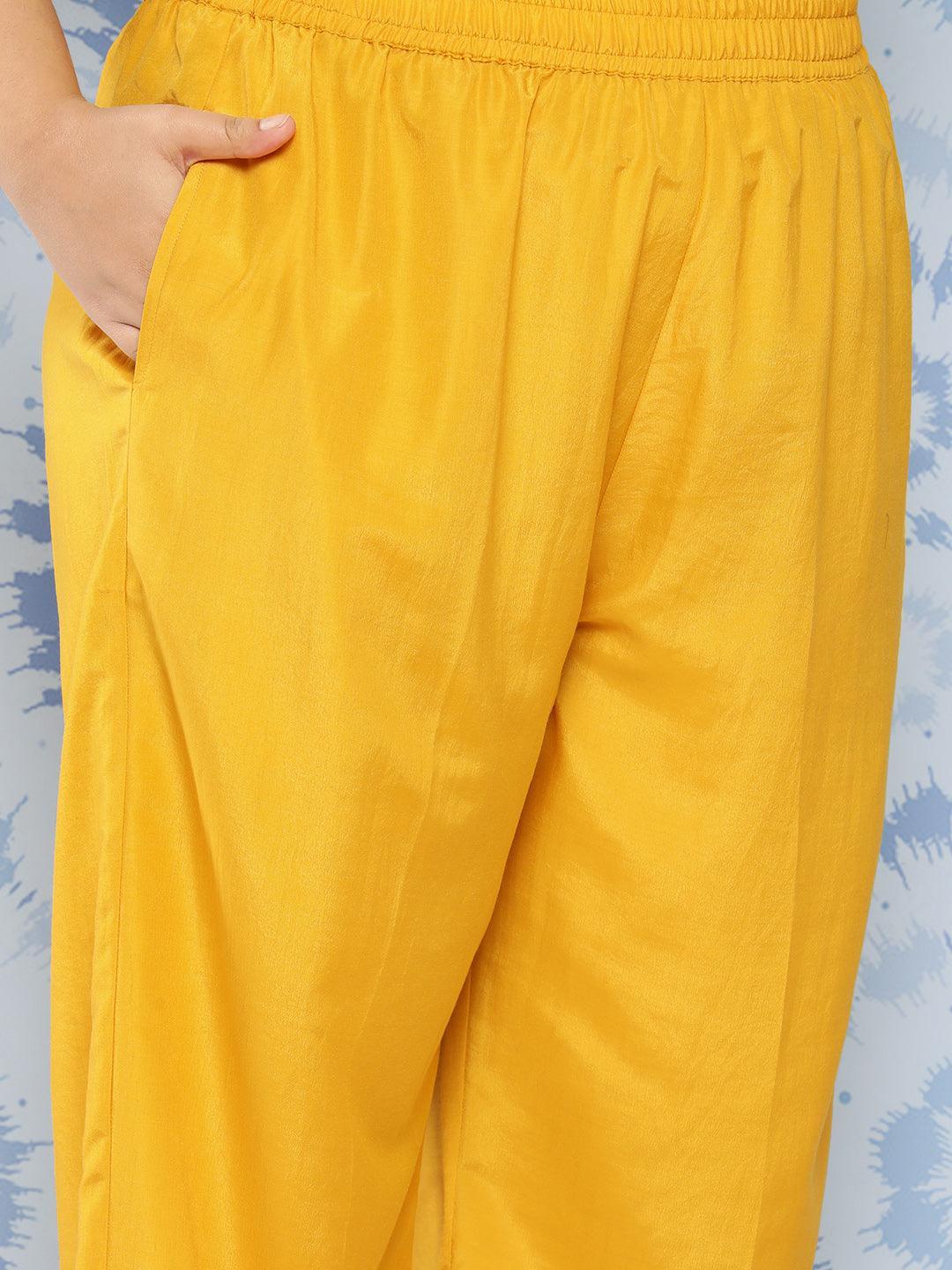 Yellow Printed Chiffon Straight Kurta With Trousers and Dupatta - Libas 