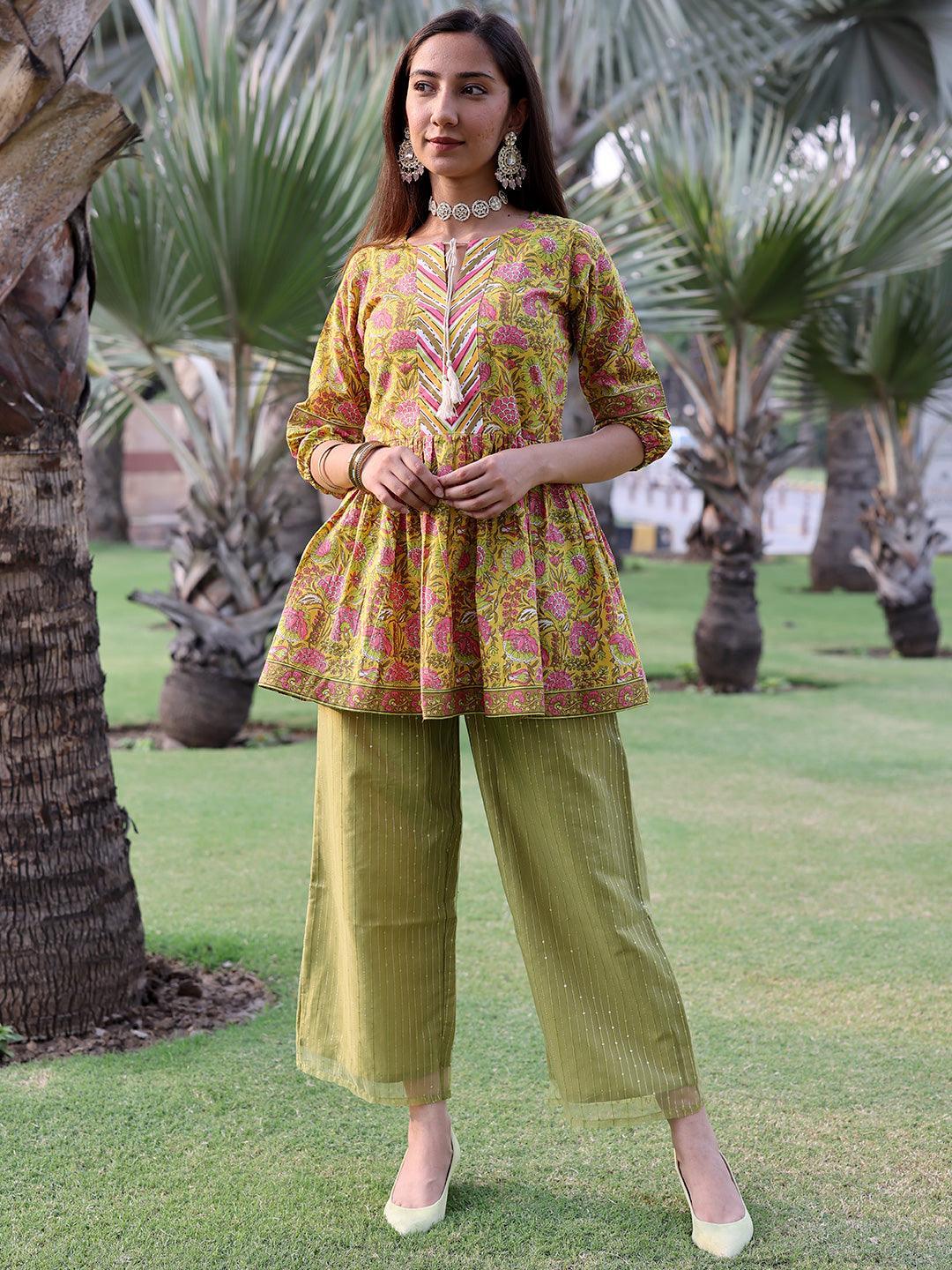 Yellow Printed Cotton A-Line Kurti - ShopLibas