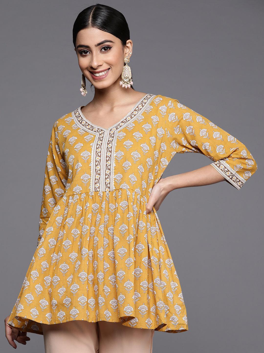 Yellow Printed Cotton A-Line Kurti - ShopLibas