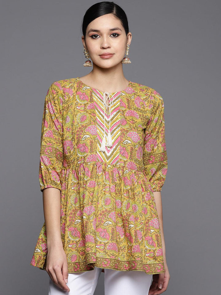 Yellow Printed Cotton A-Line Kurti - ShopLibas