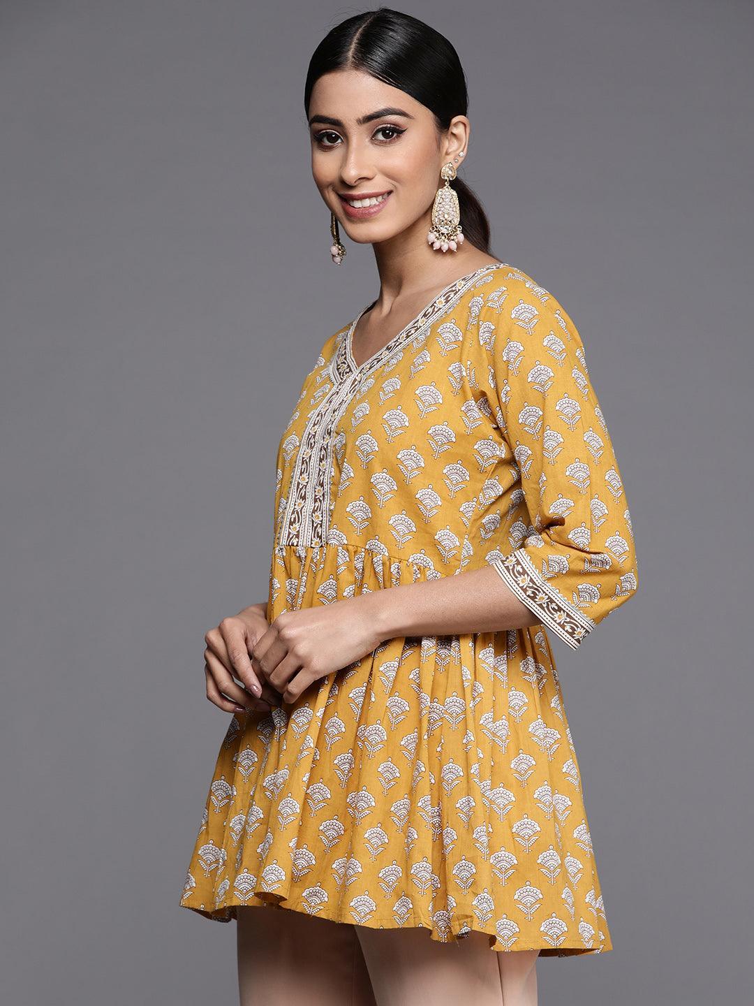 Yellow Printed Cotton A-Line Kurti - ShopLibas