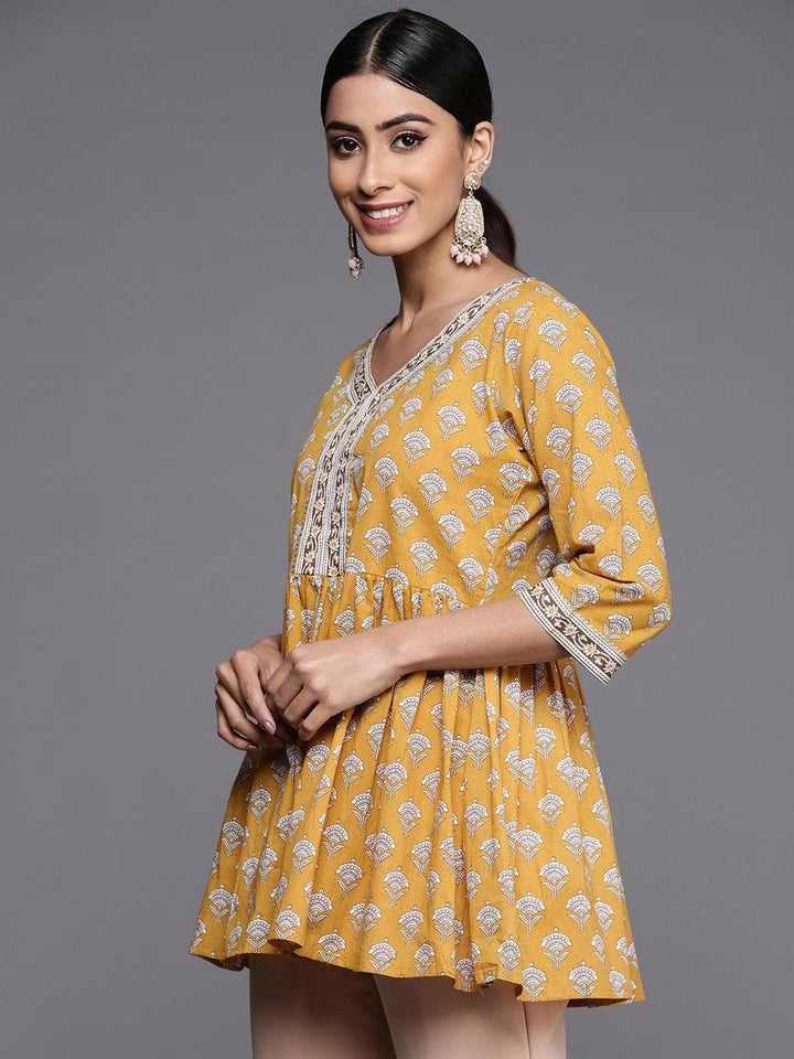 Yellow Printed Cotton A-Line Kurti - ShopLibas