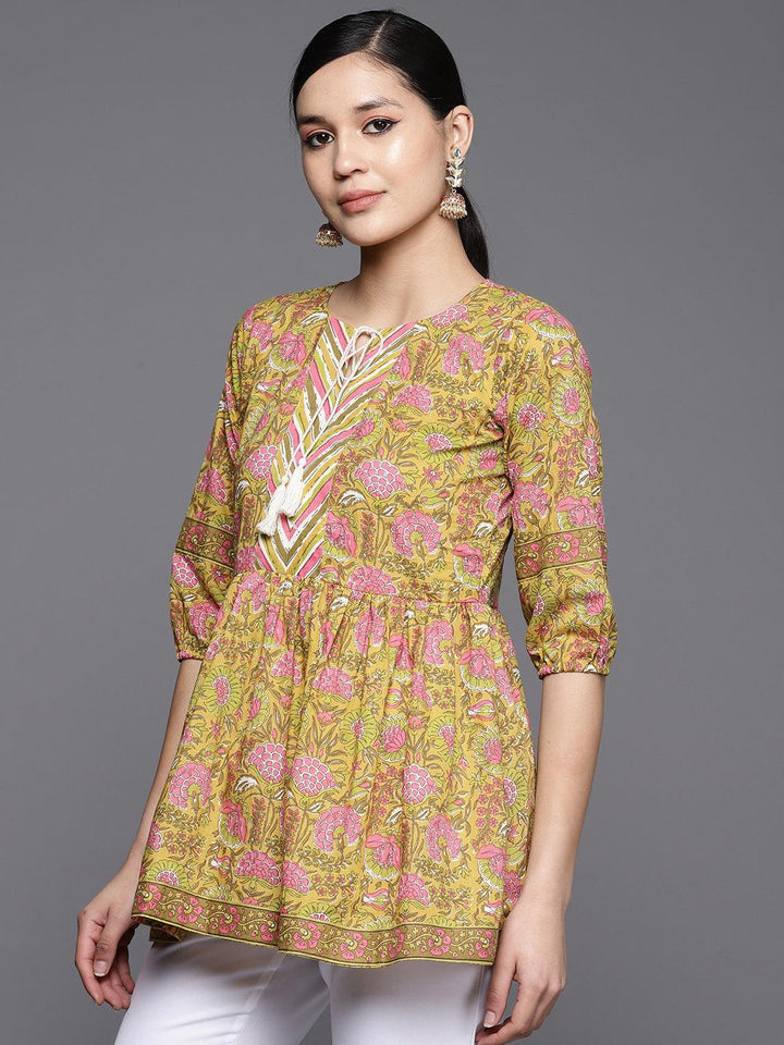 Yellow Printed Cotton A-Line Kurti - ShopLibas