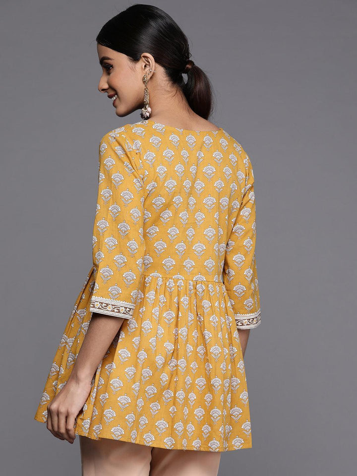 Yellow Printed Cotton A-Line Kurti - ShopLibas