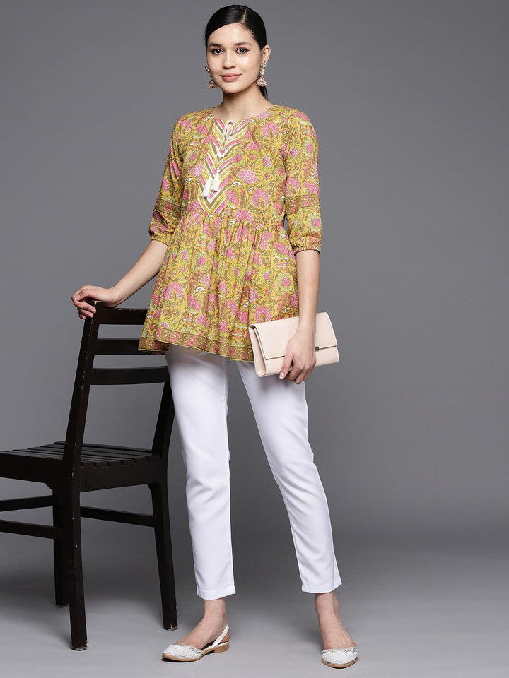 Yellow Printed Cotton A-Line Kurti - ShopLibas