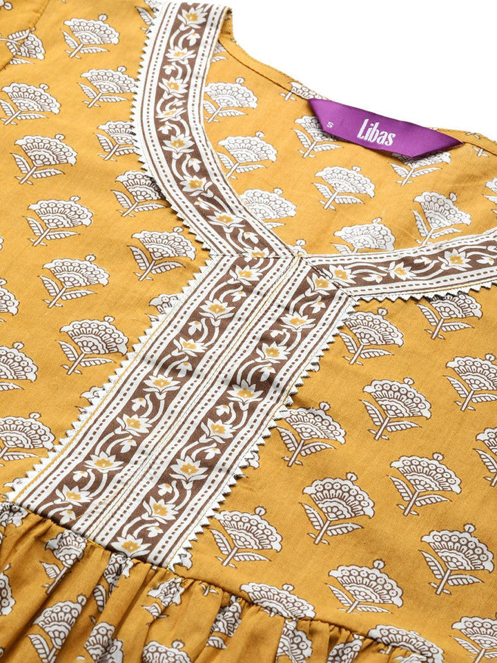 Yellow Printed Cotton A-Line Kurti - ShopLibas