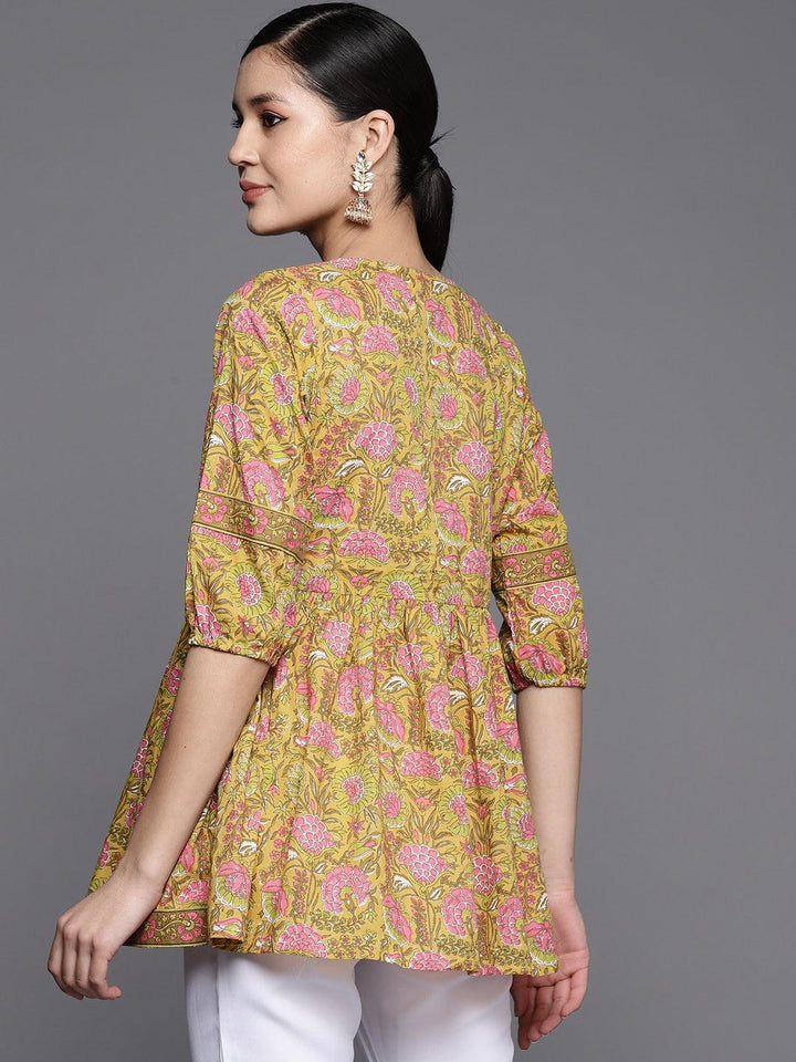 Yellow Printed Cotton A-Line Kurti - ShopLibas