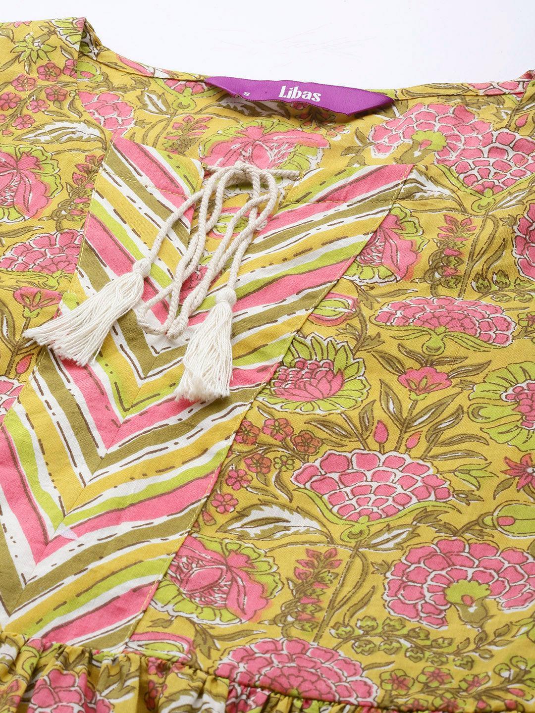 Yellow Printed Cotton A-Line Kurti - ShopLibas