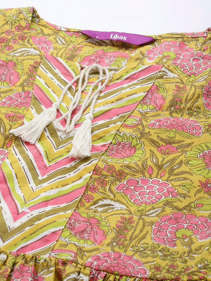 Yellow Printed Cotton A-Line Kurti - ShopLibas