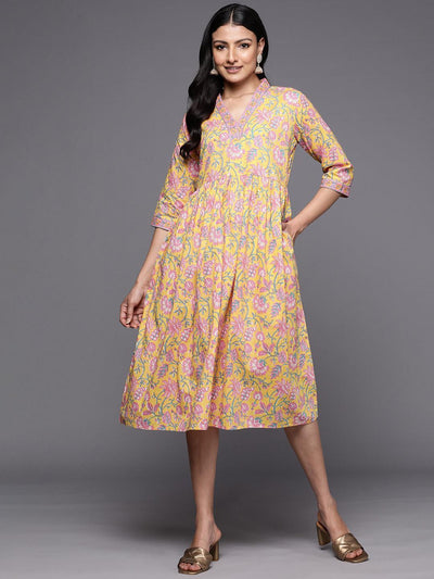 Yellow Printed Cotton Fit and Flare Dress - ShopLibas