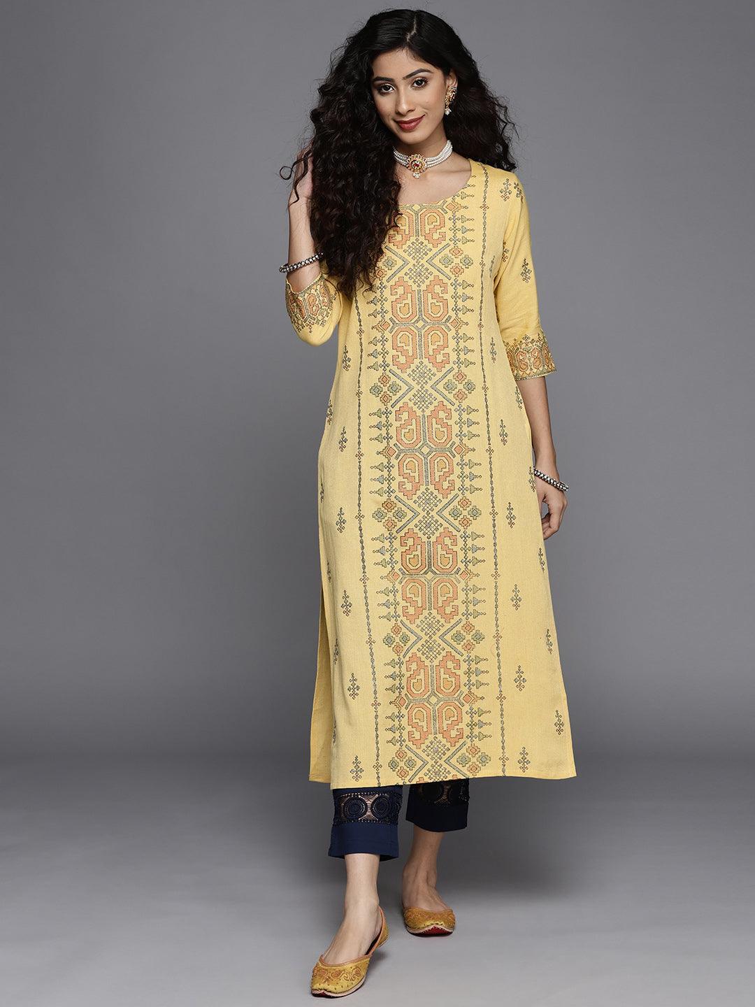 Yellow Printed Cotton Kurta - ShopLibas