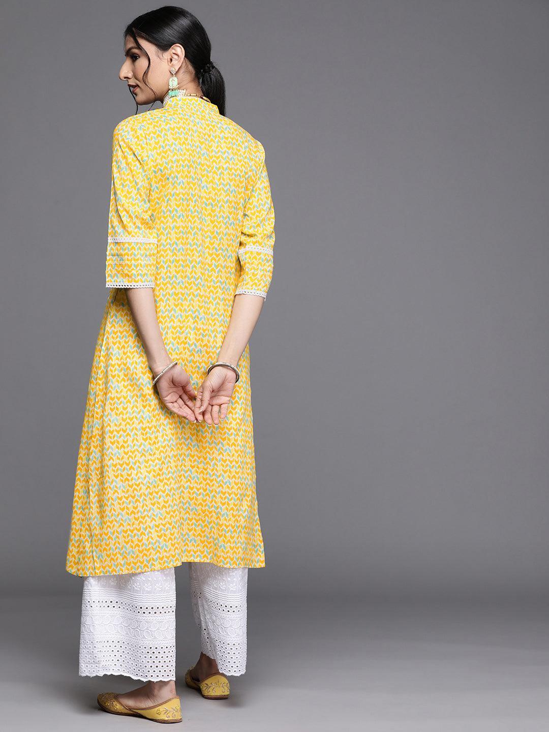 Yellow Printed Cotton Kurta - ShopLibas