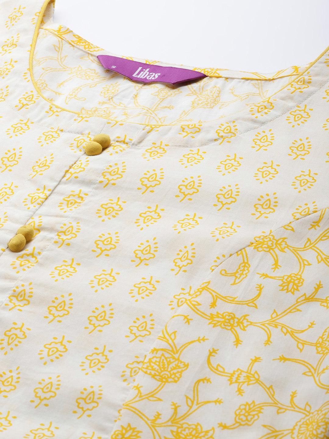 Yellow Printed Cotton Kurta - Libas