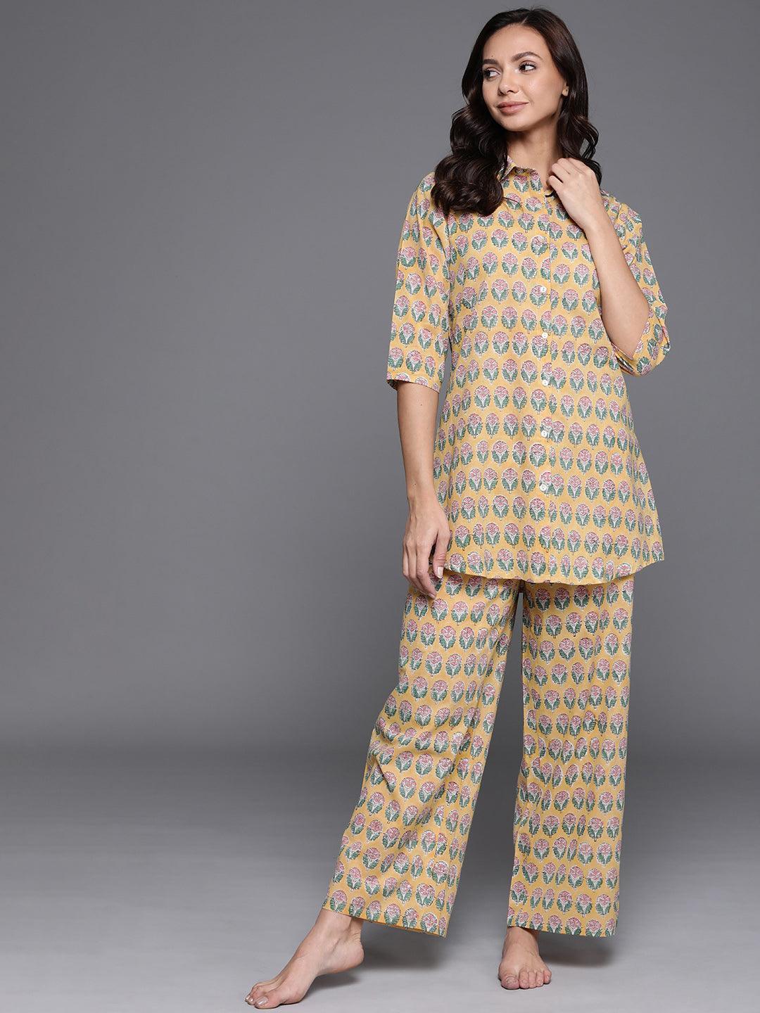 Yellow Printed Cotton Night Suit - ShopLibas