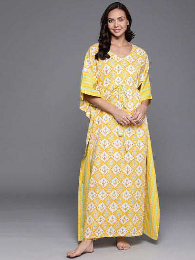 Yellow Printed Cotton Nightdress - ShopLibas