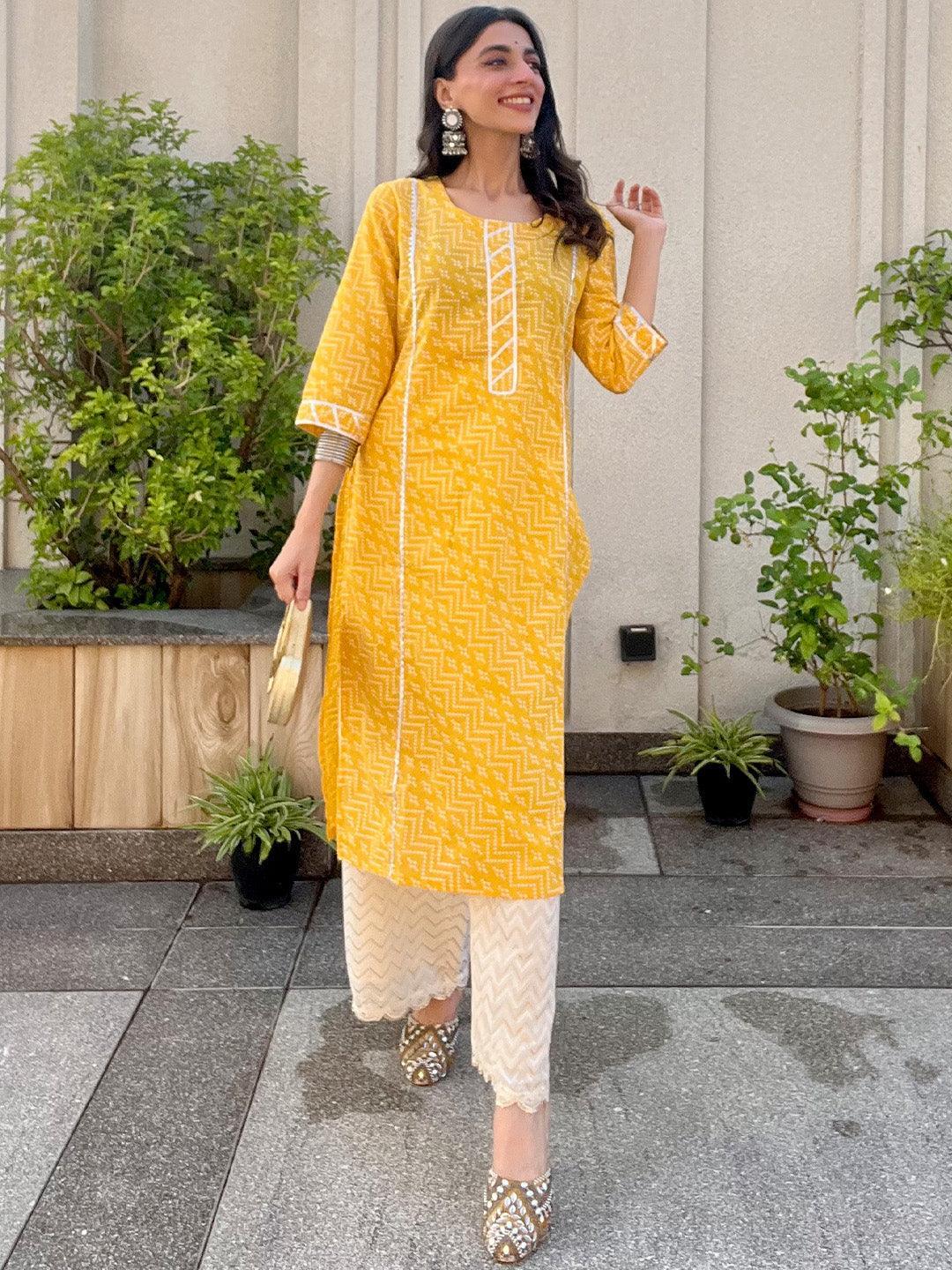 Yellow Printed Cotton Straight Kurta - ShopLibas